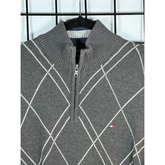 Tommy Hilfiger 1/4 Zip Argyle Sweater Mens XL Gray Eclectic Grandpa Preppy - Picture 3 of 9